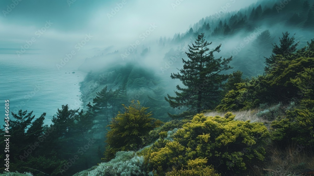Obraz premium A fog-covered forest overlooking the ocean coastline, with dense trees and a mysterious, tranquil atmosphere..
