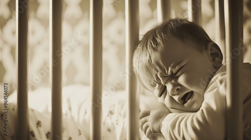 Sorrowful Cries Of Innocence - Heartbreaking Baby In Vintage Crib Evoking Nostalgic Sadness