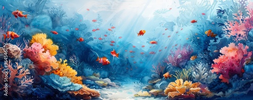 Watercolor abstract coral reef with diverse marine life.