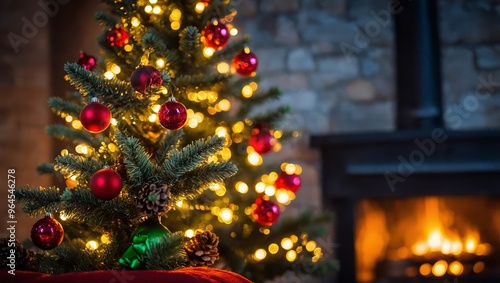 Christmas tree on burning fireplace background