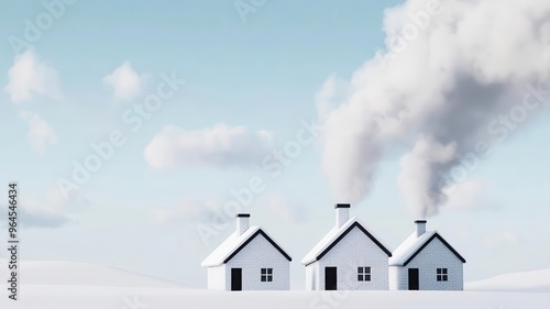 Winter village scene, with smoke from chimneys, 3D illustration, copy space for text,