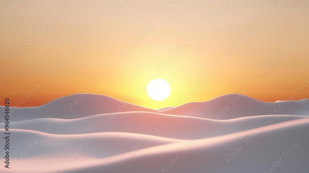 Winter sunset, casting golden light on snowy landscape, 3D illustration, copy space for text, Winter sunset, casting golden light on snowy landscape, 3D illustration, copy space for text,
