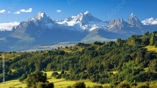 A panoramic view of Mount Kenya, with its snow-capped peaks and surrounding forested slopes.