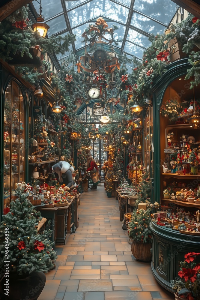 Obraz premium Festive shop interior with holiday decorations and Christmas ornaments in a charming setting.