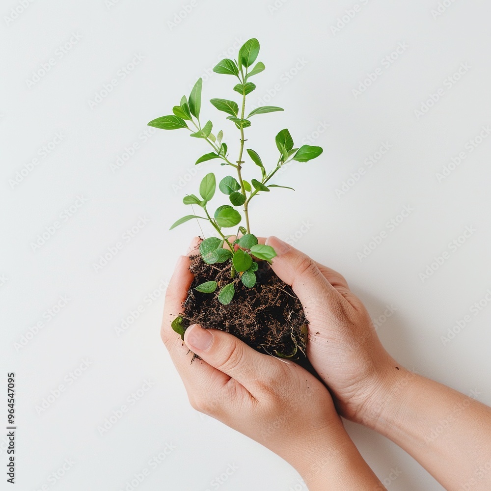 Tow hand holding young plant, new born plant in the hand top view isolated on a white background Tow hand holding young plant, new born plant in the hand top view isolated on a white background