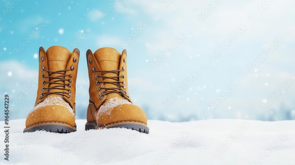 Winter boots, standing in fresh snow, 3D illustration, copy space for text, Winter boots, standing in fresh snow, 3D illustration, copy space for text,