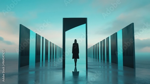 A woman standing in a long hallway with many doors, AI