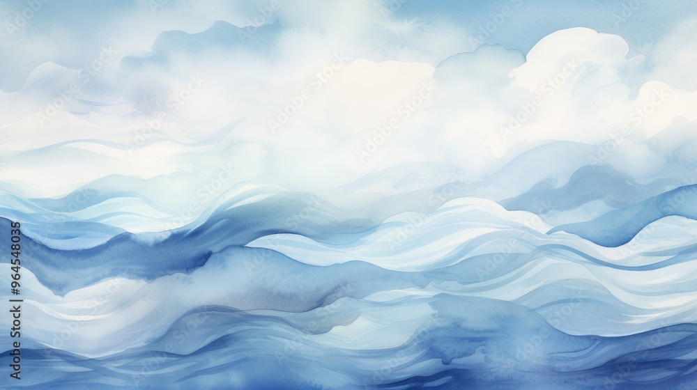 A serene watercolor depiction of ocean waves and clouds, evoking a calming and tranquil atmosphere. A serene watercolor depiction of ocean waves and clouds, evoking a calming and tranquil atmosphere.