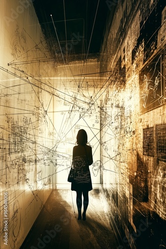 A woman of Asian descent stands in a hallway surrounded by abstract designs.