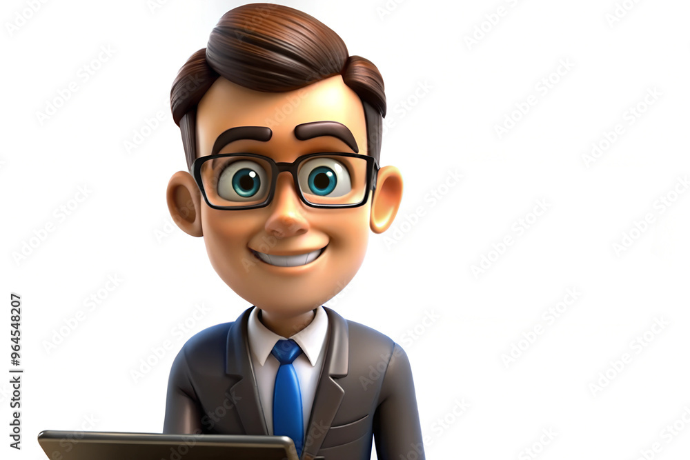 Smiling 3D cartoon businessman with glasses and tablet in hand on white background Smiling 3D cartoon businessman with glasses and tablet in hand on white background
