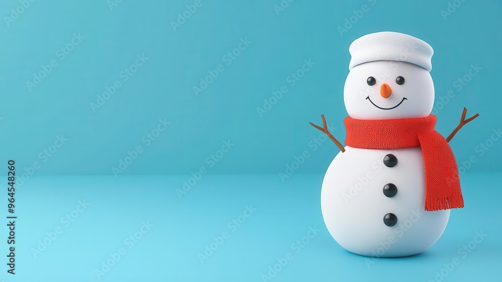 Fototapeta premium Snowman, with a carrot nose and scarf, 3D illustration, copy space for text,