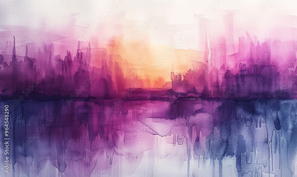 A painting of a city skyline with a purple and blue sky. The painting is full of color and has a dreamy, peaceful feeling to it A painting of a city skyline with a purple and blue sky. The painting is full of color and has a dreamy, peaceful feeling to it