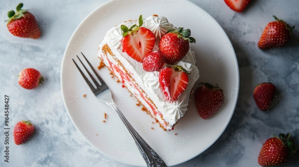 Strawberry Cake Slice with Whipped Cream and Fresh Strawberries on a Plate Strawberry Cake Slice with Whipped Cream and Fresh Strawberries on a Plate