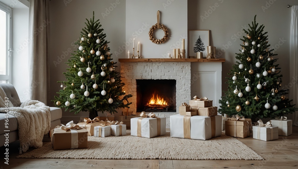 Сhristmas tree with presents interior in Scandinavian style Сhristmas tree with presents interior in Scandinavian style