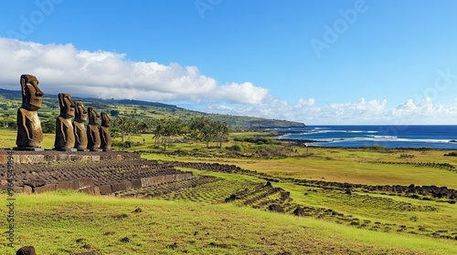 A panoramic view of the Moai statues at Ahu Akivi, with the Pacific Ocean visible in the background. photo