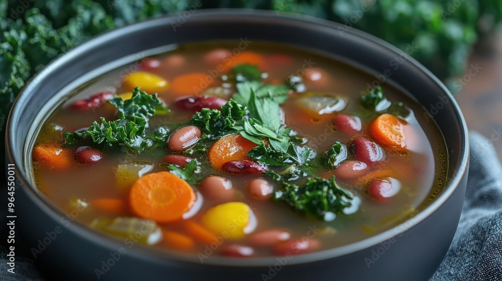 Colorful vegetable soup with beans, carrots, and kale served in a dark bowl. Perfect for healthy meal inspiration. Colorful vegetable soup with beans, carrots, and kale served in a dark bowl. Perfect for healthy meal inspiration.