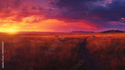 A panoramic view of the Serengeti at sunset, with the sky ablaze with color and the savanna stretching out as far as the eye can see.