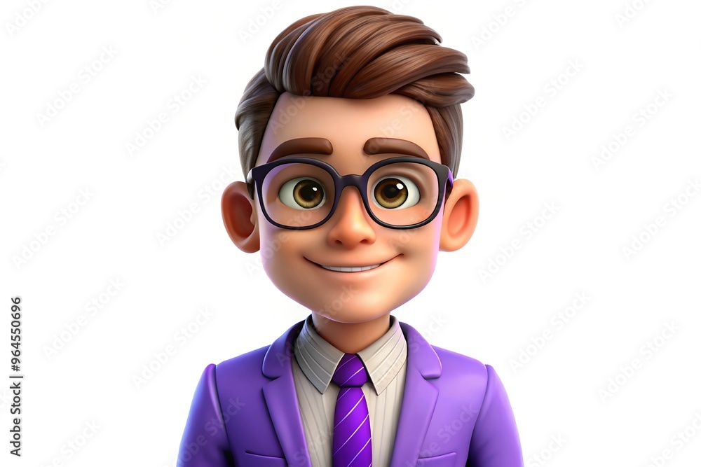 Smiling professional avatar in purple suit with glasses standing against white background Smiling professional avatar in purple suit with glasses standing against white background