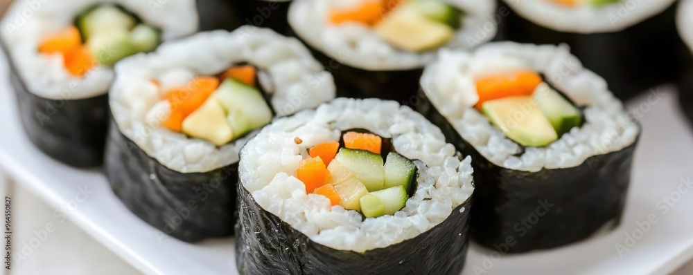 Delicious sushi rolls presented on a plate, featuring fresh vegetables and rice wrapped in seaweed, perfect for culinary exploration. Delicious sushi rolls presented on a plate, featuring fresh vegetables and rice wrapped in seaweed, perfect for culinary exploration.