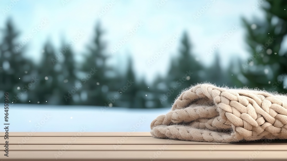 Fototapeta premium Cozy knit blanket, draped over a snowy bench, 3D illustration, copy space for text,