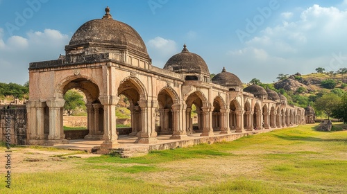 A peaceful view of the Elephant Stables in Hampi, with their grand arches and domed roofs.