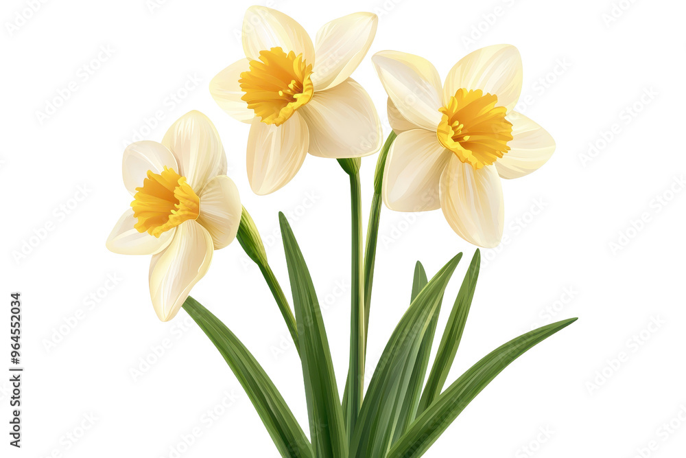 Naklejka premium Beautiful yellow daffodils in full bloom with green stems and leaves. Perfect for spring and floral-themed designs.