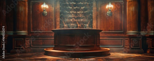 Polished wooden podium with a rich, dark stain, spotlighted in a classic setting. photo