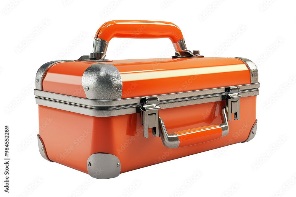Bright orange toolbox with metallic accents, closed and front-facing on a transparent background. Durable and sleek design for efficient storage. Bright orange toolbox with metallic accents, closed and front-facing on a transparent background. Durable and sleek design for efficient storage.