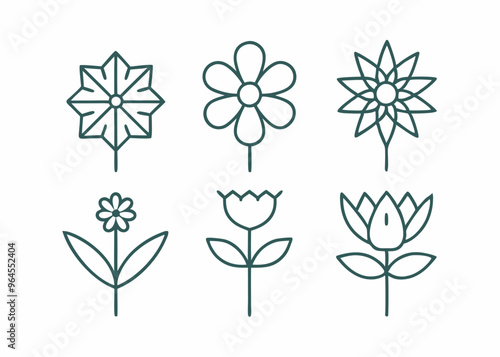  A set of six simple and elegant flower icons, perfect for adding a touch of nature to your designs. These line art illustrations are ideal for websites, social media.