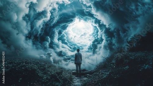 A man stands under ominous swirling storm clouds, capturing a dramatic and awe-inspiring moment in nature..