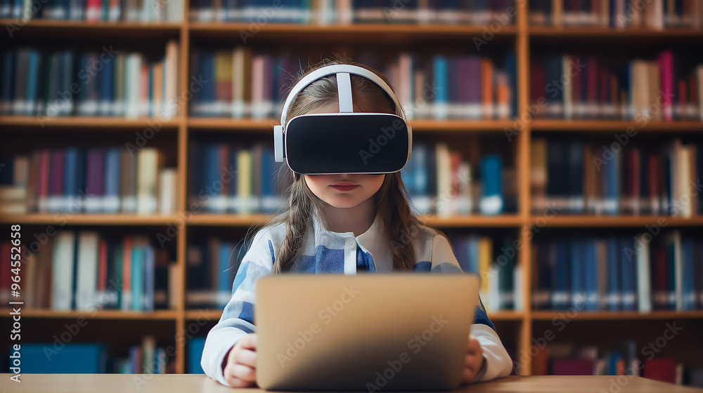 A little girl elementary schoolgirl wearing vr glasses while study online in laptop. Schoolgirl wearing VR headset in school library A little girl elementary schoolgirl wearing vr glasses while study online in laptop. Schoolgirl wearing VR headset in school library