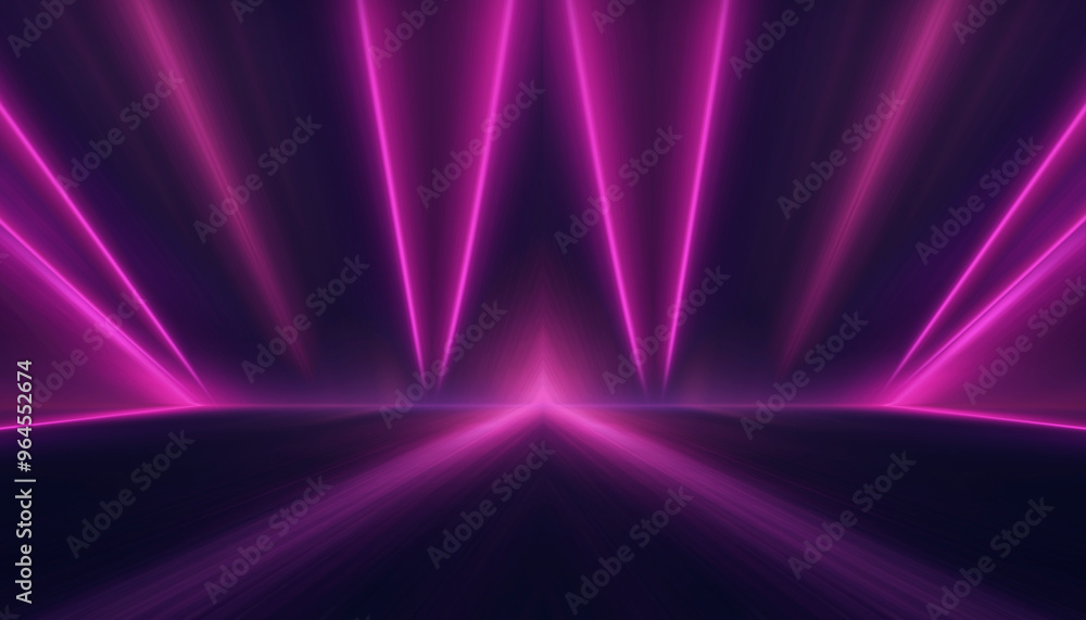 Obraz premium Neon tunnel with geometric lamps, pink and purple light, dark corridor, futuristic dark neon portal.