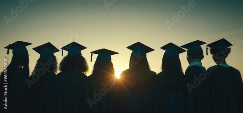 Silhouette of a group of graduates with caps and gowns in front of a sunset. A symbol of achievement, education, and hope for the future.