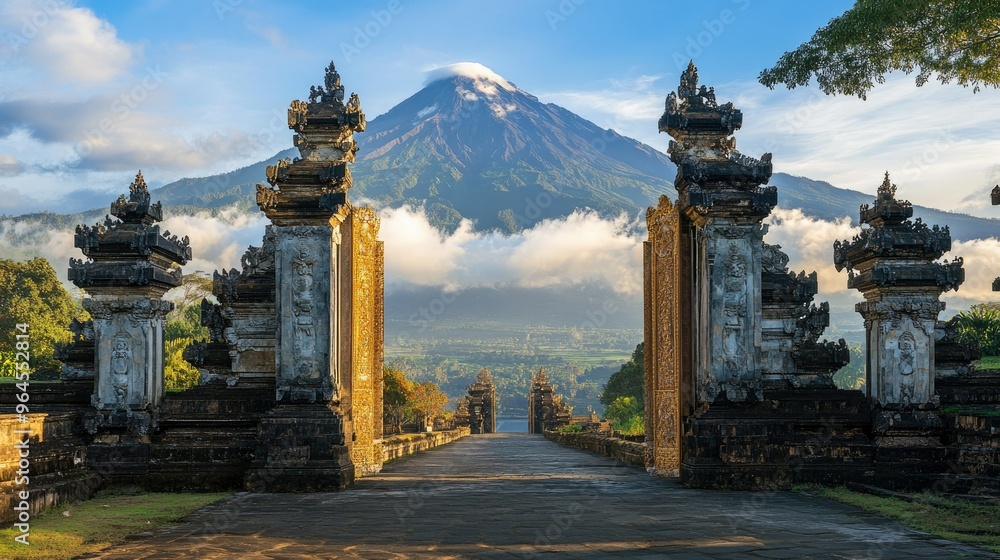 Fototapeta premium A quiet moment at the Pura Luhur Lempuyang Temple, with the famous Gates of Heaven framing Mount Agung.