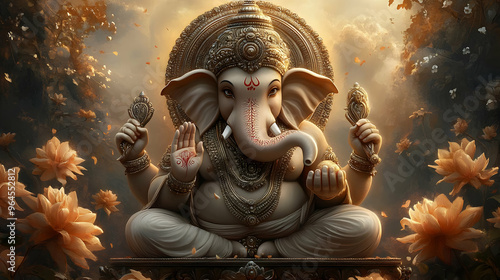 A serene depiction of Lord Ganesha surrounded by nature and flowers, symbolizing wisdom and prosperity.