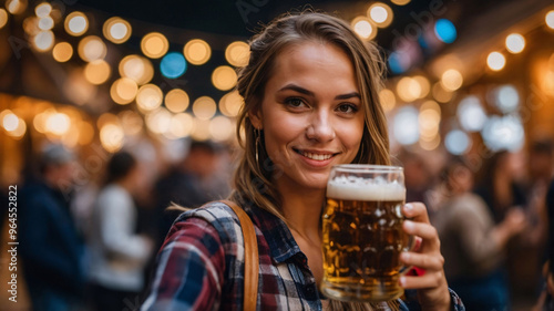 Woman holding beer mug and taking selfie at Octoberfest beer festival in Germany. Happy people enjoying traditional party with lager beer drink