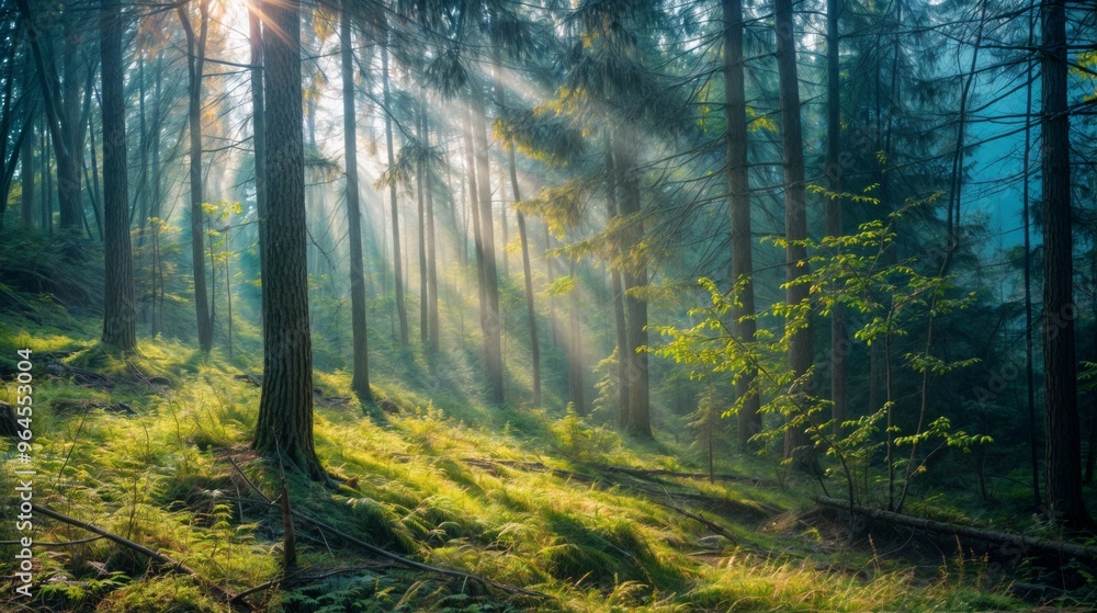 Obraz premium Sunlight streams through tall pine trees in a peaceful forest, illuminating the lush greenery and creating a serene atmosphere..
