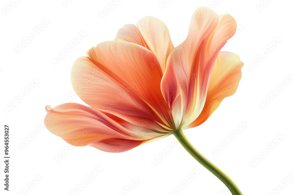 Fototapeta premium Close-up of a single, vibrant orange flower with delicate petals and a green stem, isolated on a transparent background.