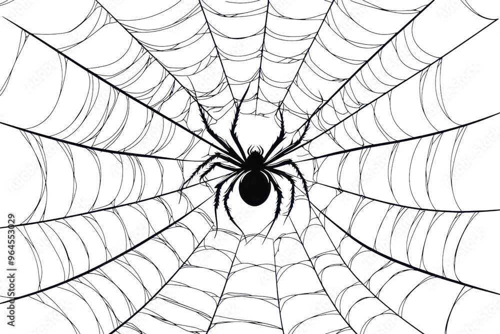 Obraz premium Close-up of a symmetrical spider web with a spider at the center against a dark background, showcasing intricate details and delicate craftsmanship.