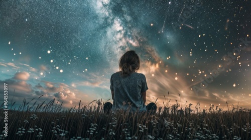 A woman sits in a field, gazing up at the Milky Way and star-filled sky, reflecting a sense of wonder and peace..