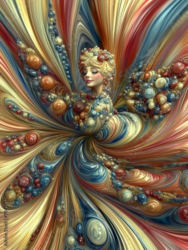 Wallpaper Mural Surreal depiction of a woman enmeshed in vibrant swirling patterns and colorful abstract designs. Torontodigital.ca