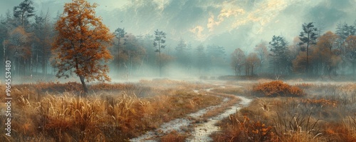 Pathway through an autumn misty meadow