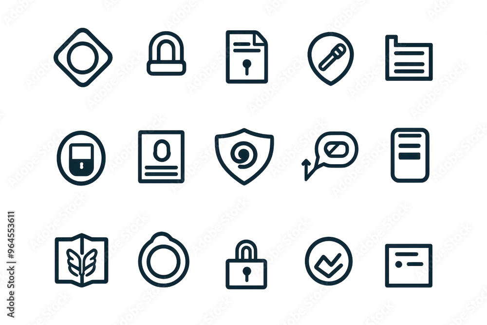 Collection of 15 black line icons featuring various business and security symbols, perfect for web design, apps, and presentations. Collection of 15 black line icons featuring various business and security symbols, perfect for web design, apps, and presentations.