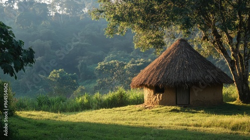 A serene shot of a traditional Socotran hut, with its thatched roof blending into the surrounding landscape. photo