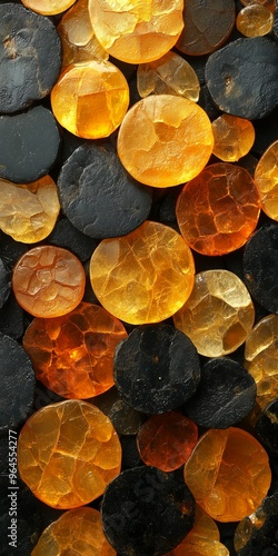 Abstract pattern of cracked black and amber circles creating a vibrant texture. photo