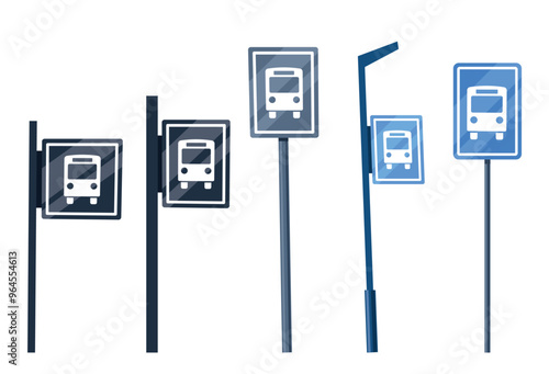 Various Bus Stop Signs in Diverse Styles and Colors Isolated on White Background. Street Signboards, Vector Illustration