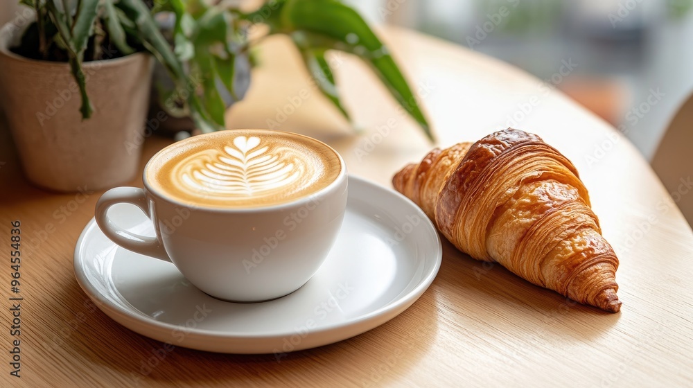 A Perfect Latte Art Design with Croissant on a Wooden Table A Perfect Latte Art Design with Croissant on a Wooden Table