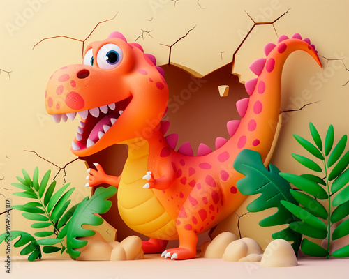 Cute cartoon colorful dinosaur break through 3d wal
