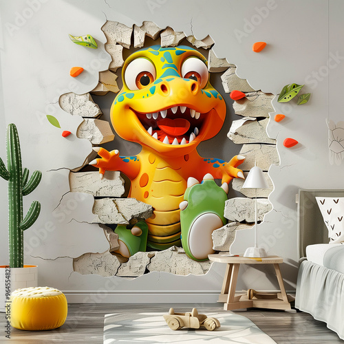 Cute cartoon colorful dinosaur break through 3d wal