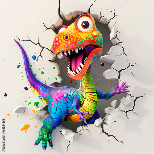 Cute cartoon colorful dinosaur break through 3d wal